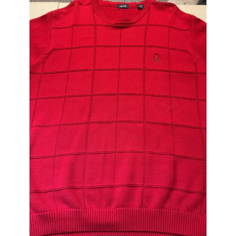 IZOD Mens XL Red Textured Grid 100% Cotton Crewneck Pullover Sweater Long Sleeve